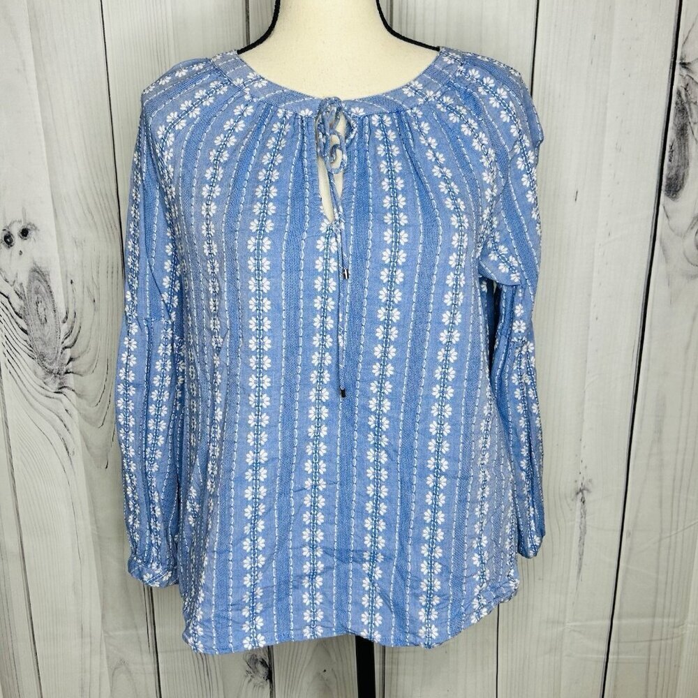 Tommy Hilfiger Womens Floral Boho Top Size S Blue Tie Neck Shirt Long Sleeve